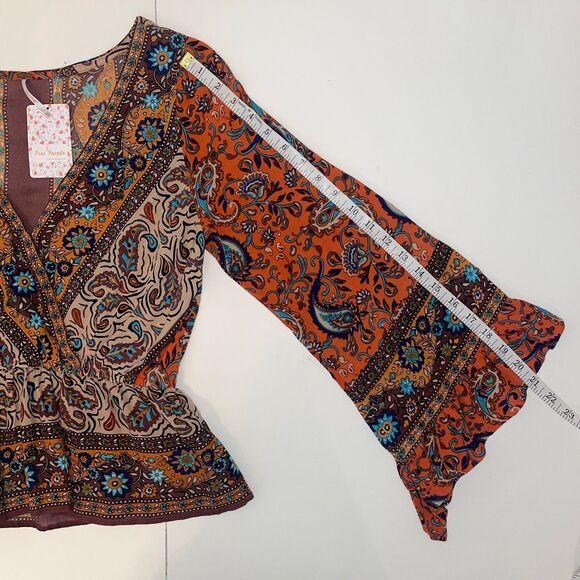 NWT Free People Rosalie Boho Bell Sleeve Surplice Paisley Red Top Blouse Sz XS - Picture 9 of 16